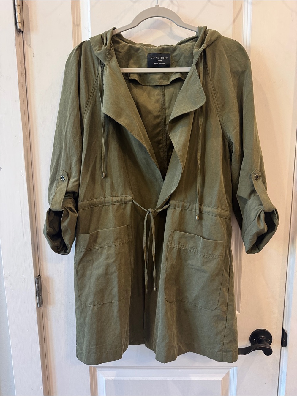 Love Tree Women’s Olive Hooded Utility Trench Anorak Jacket Roll Tab Sleeves